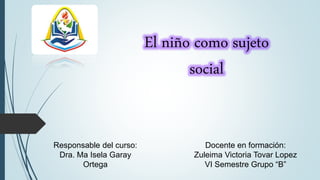 El niño como sujeto
social
Docente en formación:
Zuleima Victoria Tovar Lopez
VI Semestre Grupo “B”
Responsable del curso:
Dra. Ma Isela Garay
Ortega
 