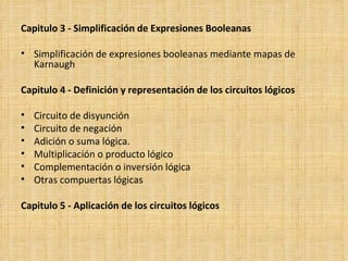 Capitulo 3 - Simplificación de Expresiones Booleanas Simplificación de expresiones booleanas mediante mapas de Karnaugh Capitulo 4 - Definición y representación de los circuitos lógicos Circuito de disyunción Circuito de negación Adición o suma lógica. Multiplicación o producto lógico Complementación o inversión lógica Otras compuertas lógicas Capitulo 5 - Aplicación de los circuitos lógicos 