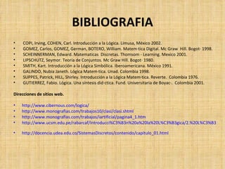 BIBLIOGRAFIA COPI, Irving, COHEN, Carl. Introducción a la Lógica. Limusa, México 2002. GOMEZ, Carlos, GOMEZ, German, BOTERO, William. Matemática Digital. Mc Graw  Hill. Bogotá 1998. SCHEINNERMAN, Edward. Matematicas  Discretas. Thomsom - Learning. Mexico  2001. LIPSCHUTZ, Seymor. Teoría de Conjuntos. Mc Graw Hill. Bogotá 1980. SMITH, Kart. Introducción a la Lógica Simbólica. Iberoamericana. México 1991. GALINDO, Nubia Janeth. Lógica Matemática. Unad. Colombia 1998. SUPPES, Patrick, HILL, Shirley. Introducción a la Lógica Matemática. Reverte.  Colombia 1976. GUTIERREZ, Fabio. Lógica. Una síntesis didáctica. Fund. Universitaria de Boyacá.  Colombia 2001. Direcciones de sitios web. http://www.cibernous.com/logica/   http://www.monografias.com/trabajos10/clasi/clasi.shtml   http://www.monografias.com/trabajos/iartificial/pagina4_1.htm   http://www.ucsm.edu.pe/rabarcaf/Introducci%C3%B3n%20a%20la%20L%C3%B3gica/2.%20L%C3%B3gica%20Proposicional.doc   http://docencia.udea.edu.co/SistemasDiscretos/contenido/capitulo_01.html   