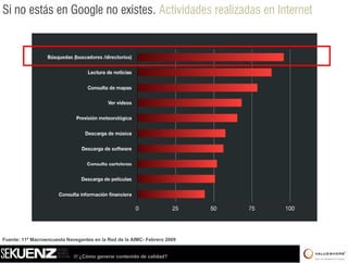 Si no estás en Google no existes. Actividades realizadas en Internet




Fuente: 11ª Macroencuesta Navegantes en la Red de la AIMC- Febrero 2009


                             /// ¿Cómo generar contenido de calidad?
 