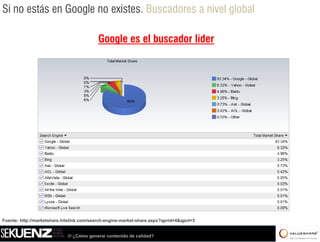 Si no estás en Google no existes. Buscadores a nivel global

                                          Google es el buscador líder




Fuente: http://marketshare.hitslink.com/search-engine-market-share.aspx?qprid=4&qpct=3


                             /// ¿Cómo generar contenido de calidad?
 