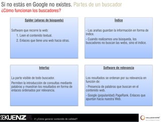 Si no estás en Google no existes. Partes de un buscador
¿Cómo funcionan los buscadores?

               Spider (añaras de búsqueda)                                           Índice


     Software que recorre la web:                               - Las arañas guardan la información en forma de
         1. Leen el contenido textual.                          índice.
         2. Enlaces que tiene una web hacia otras.              - Cuando realizamos una búsqueda, los
                                                                buscadores no buscan las webs, sino el índice.




                          Interfaz                                           Software de relevancia


     La parte visible de todo buscador.                         Los resultados se ordenan por su relevancia en
     Permiten la introducción de consultas mediante             función de:
     palabras y muestran los resultados en forma de             - Presencia de palabras que buscan en el
     e aces o de ados po e e a c a
     enlaces ordenados por relevancia.                          co te do eb
                                                                contenido web.
                                                                - Google (popularidad) PageRank. Enlaces que
                                                                apuntan hacia nuestra Web.




                      /// ¿Cómo generar contenido de calidad?
 