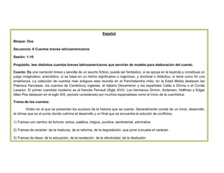 Español
Bloque: Dos
Secuencia: 6 Cuentos breves latinoamericanos
Sesión: 1-10
Propósito: leer distintos cuentos breves latinoamericanos que servirán de modelo para elaboración del cuento.
Cuento: Es una narración breve y sencilla de un asunto ficticio, puede ser fantástico, si se apoya en la leyenda y constituye un
juego imaginativo; anecdótico, si se basa en un hecho significativo o ingenioso, y doctrinal o didáctico, si tiene como fin uno
enseñanza. La colección de cuentos mas antiguos esta reunida en el Panchatandra indio; en la Edad Media destacan las
Flabraux francesas, los cuentos de Canterbury ingleses, el italiano Decamerón y los españoles Calila e Dimna o el Conde
Laxanor. El primer cuentista moderno es el francés Perrault (Siglo XVII). Los hermanos Grimm, Andersen, Holfman y Edgar
Allan Poe destacan en el siglo XIX, periodo considerado por muchos especialistas como el inicio de la cuentística.
Trama de los cuentos:
Orden en el que se presentan los sucesos de la historia que se cuenta. Generalmente consta de un inicio, desarrollo,
el clímax que es el punto donde culmina el desarrollo y un final que se encuentra la solución de conflictos.
1) Tramas con cambio de fortuna: activa, patética, trágica, punitiva, sentimental, admirativa
2) Tramas de carácter: de la madurez, de la reforma, de la degradación, que pone a prueba el carácter.
3) Tramas de ideas: de la educación, de la revelación, de la afectividad, de la desilusión

 