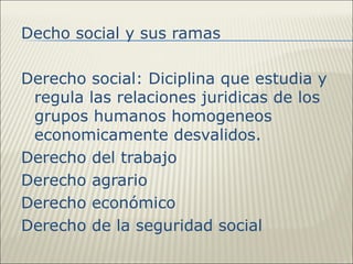Decho social y sus ramas

Derecho social: Diciplina que estudia y
 regula las relaciones juridicas de los
 grupos humanos homogeneos
 economicamente desvalidos.
Derecho del trabajo
Derecho agrario
Derecho económico
Derecho de la seguridad social
 