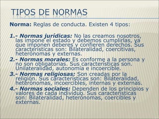 Norma: Reglas de conducta. Existen 4 tipos:

1.- Normas jurídicas: No las creamos nosotros,
  las impone el estado y debemos cumplirlas, ya
  que imponen deberes y confieren derechos. Sus
  características son: Bilateralidad, coercitivas,
  heterónomas y externas.
2.- Normas morales: Es conforme a la persona y
  no son obligatorias. Sus características son.
  Unilateralidad, autonomía e incoercible.
3.- Normas religiosas: Son creadas por la
  religión. Sus características son: Bilateralidad,
  heterónomas, incoercibles, internas y externas.
4.- Normas sociales: Dependen de los principios y
  valores de cada individuo. Sus características
  son: Bilateralidad, heterónomas, coercibles y
  externas.
 