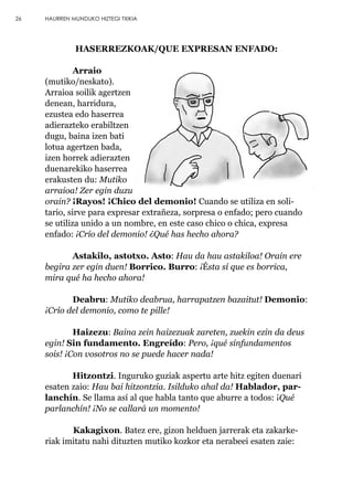 HASERREZKOAK/QUE EXPRESAN ENFADO:
Arraio
(mutiko/neskato).
Arraioa soilik agertzen
denean, harridura,
ezustea edo haserrea
adierazteko erabiltzen
dugu, baina izen bati
lotua agertzen bada,
izen horrek adierazten
duenarekiko haserrea
erakusten du: Mutiko
arraioa! Zer egin duzu
orain? ¡Rayos! ¡Chico del demonio! Cuando se utiliza en soli-
tario, sirve para expresar extrañeza, sorpresa o enfado; pero cuando
se utiliza unido a un nombre, en este caso chico o chica, expresa
enfado: ¡Crío del demonio! ¿Qué has hecho ahora?
Astakilo, astotxo. Asto: Hau da hau astakiloa! Orain ere
begira zer egin duen! Borrico. Burro: ¡Ésta sí que es borrica,
mira qué ha hecho ahora!
Deabru: Mutiko deabrua, harrapatzen bazaitut! Demonio:
¡Crío del demonio, como te pille!
Haizezu: Baina zein haizezuak zareten, zuekin ezin da deus
egin! Sin fundamento. Engreído: Pero, ¡qué sinfundamentos
sois! ¡Con vosotros no se puede hacer nada!
Hitzontzi. Inguruko guziak aspertu arte hitz egiten duenari
esaten zaio: Hau bai hitzontzia. Isilduko ahal da! Hablador, par-
lanchín. Se llama así al que habla tanto que aburre a todos: ¡Qué
parlanchín! ¡No se callará un momento!
Kakagixon. Batez ere, gizon helduen jarrerak eta zakarke-
riak imitatu nahi dituzten mutiko kozkor eta nerabeei esaten zaie:
26 HAURREN MUNDUKO HIZTEGI TXIKIA
 
