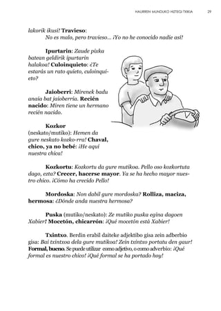 lakorik ikusi! Travieso:
No es malo, pero travieso… ¡Yo no he conocido nadie así!
Ipurtarin: Zaude pixka
batean geldirik ipurtarin
halakoa! Culoinquieto: ¿Te
estarás un rato quieto, culoinqui-
eto?
Jaioberri: Mirenek badu
anaia bat jaioberria. Recién
nacido: Miren tiene un hermano
recién nacido.
Kozkor
(neskato/mutiko): Hemen da
gure neskato kozko-rra! Chaval,
chico, ya no bebé: ¡He aquí
nuestra chica!
Kozkortu: Kozkortu da gure mutikoa. Pello oso kozkortuta
dago, ezta? Crecer, hacerse mayor. Ya se ha hecho mayor nues-
tro chico. ¡Cómo ha crecido Pello!
Mordoska: Non dabil gure mordoska? Rolliza, maciza,
hermosa: ¿Dónde anda nuestra hermosa?
Puska (mutiko/neskato): Ze mutiko puska egina dagoen
Xabier! Mocetón, chicarrón: ¡Qué mocetón está Xabier!
Txintxo. Berdin erabil daiteke adjektibo gisa zein adberbio
gisa: Bai txintxoa dela gure mutikoa! Zein txintxo portatu den gaur!
Formal,bueno.Sepuedeutilizar comoadjetivo,ocomoadverbio: ¡Qué
formal es nuestro chico! ¡Qué formal se ha portado hoy!
29HAURREN MUNDUKO HIZTEGI TXIKIA
 