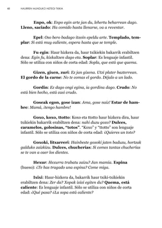 Enpo, ok: Enpo egin arte jan du, lehertu beharrean dago.
Lleno, saciado: Ha comido hasta llenarse, va a reventar.
Epel: Oso bero badago itxoin epeldu arte. Templado, tem-
plar: Si está muy caliente, espera hasta que se temple.
Fu egin: Haur hizkera da, haur txikiekin bakarrik erabiltzen
dena: Egin fu, kixkaltzen dago eta. Soplar: Es lenguaje infantil.
Sólo se utiliza con niños de corta edad: Sopla, que está que quema.
Gizen, gixen, zuri: Ez jan gixena. Utzi plater bazterrean.
El gordo de la carne: No te comas el gordo. Déjalo a un lado.
Gordin: Ez dago ongi egina, ia gordina dago. Crudo: No
está bien hecho, está casi crudo.
Goseak egon, gose izan: Ama, gose naiz! Estar de ham-
bre: Mamá, ¡tengo hambre!
Goxo, koxo, ttotto: Koxo eta ttotto haur hizkera dira, haur
txikiekin bakarrik erabiltzen dena: nahi duzu goxo? Dulces,
caramelos, golosinas, “totos”. “Koxo” y “ttotto” son lenguaje
infantil. Sólo se utiliza con niños de corta edad: ¿Quieres un toto?
Goxoki, litxarreri: Hainbeste goxoki jaten baduzu, hortzak
galduko zaizkizu. Dulces, chucherías: Si comes tantas chucherías
se te van a caer los dientes.
Hexur: Hexurra trabatu zaizu? Jan mamia. Espina
(hueso): ¿Te has tragado una espina? Come miga.
Ixixi: Haur-hizkera da, bakarrik haur txiki-txikiekin
erabiltzen dena: Zer da? Xopak ixixi egiten du? Quema, está
caliente: Es lenguaje infantil. Sólo se utiliza con niños de corta
edad: ¿Qué pasa? ¿La sopa está caliente?
48 HAURREN MUNDUKO HIZTEGI TXIKIA
 