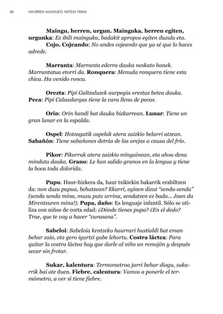 Maingu, herren, urgun. Mainguka, herren egiten,
urgunka: Ez ibili mainguka, badakit apropos egiten duzula eta.
Cojo. Cojeando: No andes cojeando que ya sé que lo haces
adrede.
Marranta: Marranta ederra dauka neskato honek.
Marrantatua etorri da. Ronquera: Menuda ronquera tiene esta
chica. Ha venido ronca.
Orezta: Pipi Galtzaluzek aurpegia oreztaz betea dauka.
Peca: Pipi Calzaslargas tiene la cara llena de pecas.
Orin: Orin handi bat dauka bizkarrean. Lunar: Tiene un
gran lunar en la espalda.
Ospel: Hotzagatik ospelak atera zaizkio belarri atzean.
Sabañón: Tiene sabañones detrás de las orejas a causa del frío.
Pikor: Pikorrak atera zaizkio mingainean, eta ahoa dena
minduta dauka. Grano: Le han salido granos en la lengua y tiene
la boca toda dolorida.
Pupu. Haur-hizkera da, haur txikiekin bakarrik erabiltzen
da: non duzu pupua, behatzean? Ekarri, eginen dizut “senda-senda”
(senda senda mina, muxu putz urrina, sendatzen ez bada... Joan da
Mirentxuren mina!). Pupa, daño: Es lenguaje infantil. Sólo se uti-
liza con niños de corta edad: ¿Dónde tienes pupa? ¿En el dedo?
Trae, que te voy a hacer “curasana”.
Sabeloi: Sabeloia kentzeko haurrari bustialdi bat eman
behar zaio, eta gero igurtzi gabe lehortu. Costra láctea: Para
quitar la costra láctea hay que darle al niño un remojón y después
secar sin frotar.
Sukar, kalentura: Termometroa jarri behar diogu, suka-
rrik bai ote duen. Fiebre, calentura: Vamos a ponerle el ter-
mómetro, a ver si tiene fiebre.
68 HAURREN MUNDUKO HIZTEGI TXIKIA
 