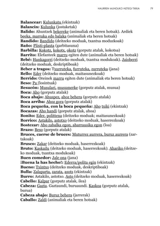 Balancear: Kulunkatu (ekintzak)
Balancín: Kulunka (jostaketak)
Balido: Ahuntzek bekereke (animaliak eta beren hotsak). Ardiek
beeka, marraka edo balaka (animaliak eta beren hotsak)
Bandido: Bandido (deitzeko moduak, txantxa moduzkoak)
Baño: Plixti-plaxta (garbitasuna)
Barbilla: Kokotz, kokotx, okotz (gorputz atalak, kokotsa)
Barrito: Elefanteek marru egiten dute (animaliak eta beren hotsak)
Bebé: Hankagorri (deitzeko moduak, txantxa modukoak). Jaioberri
(deitzeko moduak, deskriptiboak)
Beber a tragos: Txurruteka, furruteka, zurruteka (jana)
Bello: Eder (deitzeko moduak, maitasunezkoak)
Berrido: Oreinek marru egiten dute (animaliak eta beren hotsak)
Beso: Pa (losintxak)
Besucón: Musulari, musumerke (gorputz atalak, musua)
Boca: Aho (gorputz atalak)
Boca abajo: Ahuspez, ahoz behera (gorputz atalak)
Boca arriba: Ahoz gora (gorputz atalak)
Boca pequeña, con la boca pequeña: Aho txiki (ekintzak)
Bocazas: Aho handi (gorputz atalak, ahoa)
Bonito: Eder, polittena (deitzeko moduak; maitasunezkoak)
Borrico: Astakilo, astotxo (deitzeko moduak, haserrezkoak)
Bostezar: Aho zabalka egon, aharrausika egon (loa)
Brazo: Beso (gorputz atalak)
Bruces, caerse de bruces: Muturrez aurrera, buruz aurrera (zar-
takoak)
Brusco: Zakar (deitzeko moduak, haserrezkoak)
Bruto: Kaskailu (deitzeko moduak, haserrezkoak). Ahariko (deitze-
ko moduak, txantxa modukoak)
Buen comedor: Jale ona (jana)
¡Buena la has hecho!: Ederra/polita egin (ekintzak)
Bueno: Txintxo (deitzeko moduak, deskriptiboak)
Bulla: Zalaparta, zarata, asots (ekintzak)
Burro: Astakilo, astotxo. Asto (deitzeko moduak, haserrezkoak)
Cabello: Kalpar (gorputz atalak, ilea)
Cabeza: Gazta. Gaztaundi, buruaundi. Kaskoa (gorputz atalak,
burua)
Cabeza abajo: Buruz behera (jarrerak)
Caballo: Zaldi (animaliak eta beren hotsak)
79HAURREN MUNDUKO HIZTEGI TXIKIA
 