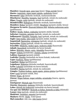 Hambre: Goseak egon, gose izan (jana). Tripa zorriak (jana)
Harto: Aspertuta, asper-asper eginda, nazkatuta (jana)
Hermoso: Eder (deitzeko moduak, maitasunezkoak)
Hincharse: Handitu, hanpatu, hazi (gaitzak, minak eta ondoezak)
Hipo: Txopin, zotin (gaitzak, minak eta ondoezak)
Hombrecillo: Kakagixon (deitzeko moduak, haserrezkoak)
Hombro: Bizkar (gorputz atalak). Besaburu (gorputz atalak, besoa)
Hurgarse la nariz: Zizareak bilatzen ibili, behatza sudurrean sartu
(garbitasuna)
Índice: Sendo, bizkor, erakuslea (gorputz atalak, hatzak)
Infectar: Gaiztotu, gaixtatu (gaitzak, minak eta ondoezak)
Inflamarse: Handitu, hanpatu, hazi (gaitzak, minak eta ondoezak)
Ingle: Izter-txoko, izter-ondo (gorputz atalak, hankak)
Inquietud: Egonezina, ezinegona (gaitzak, minak eta ondoezak)
Inyección: Txista (gaitzak, minak eta ondoezak)
Irascible: Mukertu, muker egon, mukerra eduki (haserreak)
Jabalí: Basurdeek (animaliak eta beren hotsak)
Jaleo: Matraka, okasio, sesio, iskanbila (haserreak)
Jugar: Jokatu (jostaketak). Jostatu, jolastu (jostaketak)
Labios: Ezpainak (gorputz atalak)
Ladrido: Zaunka (animaliak eta beren hotsak, txakurrak)
Lapo: Karkaxa, flema (garbitasuna)
Legañas: Makar (garbitasuna)
Legañoso: Makarzu (deitzeko moduak, haserrezkoak)
León: Lehoiek (animaliak eta beren hotsak)
Liendre: Bartza (gaitzak, minak eta ondoezak)
Limpio: Txukun-txukun, apain-apain, pintxo-pintxo (garbitasuna)
Liso: Leun (gorputz atalak, ilea)
Lleno: Enpo, ok (jana)
Llorar: Negar batean, negar zotinka, arrantzaka (izaera, egoera,
jarrera)
Lloriquear: Mainak egin (haserreak)
Llorón: Mainontzi, mainoso (deitzeko moduak, haserrezkoak)
Lobo: Otsoek eta txakurrek (animaliak eta beren hotsak)
¡Lo que me faltaba!: Besterik ez behar, besterik ez falta (ekintzak)
Lunar: Orin (gaitzak, minak eta ondoezak)
Madrina: Amabitxi, amautxi (pertsonak)
Maduro: Berde. Ondu. Ustel (jana)
Mal comedor: Jale ona. Jale txarra (jana)
85HAURREN MUNDUKO HIZTEGI TXIKIA
 