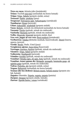 Tres en raya: Artzain-joko (jostaketak)
Trino: Txoriek txio-txio (animaliak eta beren hotsak)
Tripa: Tripa. Sabela (gorputz atalak, soina)
Trocear: Zatitu, puskatu (jana)
Tropezar: Estropezu egin, behaztopatu (zartakoak)
Tumbarse: Etzan (jarrerak)
Uñas: Azkazalak, azazkalak (gorputz atalak)
Vaca: Behiek, oreinek eta elefanteek (animaliak eta beren hotsak)
Vacuna: Txerto (gaitzak, minak eta ondoezak)
Varicela: Barizela (gaitzak, minak eta ondoezak)
Vello: Bixarrak, bizarrak (gorputz atalak, ilea)
Veo veo, jugar al veo veo: Ikusi-makusi (jostaketak)
Verborrea: Talaka (deitzeko moduak, haserrezkoak). Etorri (izaera,
egoera, jarrera)
Verde: Berde. Ondu. Ustel (jana)
Vergüenza ajena: Auzo-lotsa (haserreak)
Verruga: Garatxo, karitxa (gaitzak, minak eta ondoezak)
Vientre: Tripa. Sabel (gorputz atalak)
Voltereta: Itzulipurdi (jarrerak)
Vómito: Gorako (gaitzak, minak eta ondoezak)
Vomitar: Botaka egin, ok egin, bota (gaitzak, minak eta ondoezak)
Vomitar, tener ganas de: Botagale, goragale, botatzeko gogo, ok
egiteko gogo (gaitzak, minak eta ondoezak)
Vulva: Pottotta, alu (gorputz atalak, soina)
Yegua: Behorrek (animaliak eta beren hotsak)
Yemas (de los dedos): Behatz-mami, behatz-mutur (gorputz ata-
lak, hatzak)
Zapato: Oinetako. Zapata, xapata, papata (jantzia)
Zarpas: Atzapar (gorputz atalak, hatzak).
Zurrar: Epelak hartu / eman (zartakoak)
92 HAURREN MUNDUKO HIZTEGI TXIKIA
 