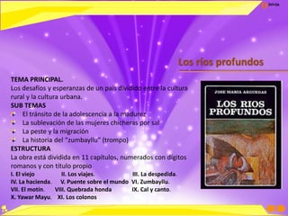 Inicio
Los ríos profundos
TEMA PRINCIPAL.
Los desafíos y esperanzas de un país dividido entre la cultura
rural y la cultura urbana.
SUB TEMAS
El tránsito de la adolescencia a la madurez
La sublevación de las mujeres chicheras por sal
La peste y la migración
La historia del “zumbayllu” (trompo)
ESTRUCTURA
La obra está dividida en 11 capítulos, numerados con dígitos
romanos y con título propio
I. El viejo II. Los viajes. III. La despedida.
IV. La hacienda. V. Puente sobre el mundo VI. Zumbayllu.
VII. El motín. VIII. Quebrada honda IX. Cal y canto.
X. Yawar Mayu. XI. Los colonos
 