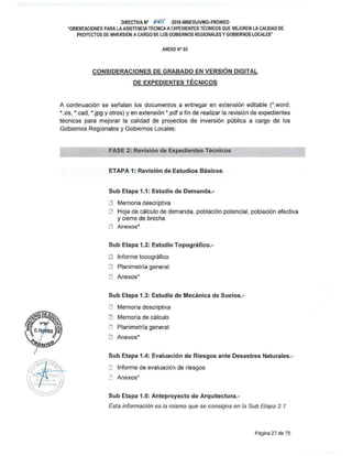 DIRECTIVA Nº (;)(}/ -2019-MINEDUNMGl·PRONIED
"ORIENTACIONES PARA LA ASISTENCIATÉCNICA AEXPEDIENTES TÉCNICOS QUE MEJOREN LACALIDAD DE
PROYECTOS DE INVERSIÓN ACARGO DE LOS GOBIERNOS REGIONALES YGOBIERNOS LOCALES"
ANEXO Nº 03
CONSIDERACIONES DE GRABADO EN VERSIÓN DIGITAL
DE EXPEDIENTES TÉCNICOS
A continuación se señalan los documentos a entregar en extensión editable (*.word,
*.xls, *.cad, *.jpg y otros) y en extensión *.pdf a fin de realizar la revisión de expedientes
técnicos para mejorar la calidad de proyectos de inversión pública a cargo de los
Gobiernos Regionales y Gobiernos Locales:
FASE 2: Revisión de Expedientes Técnicos
ETAPA 1: Revisión de Estudios Básicos
Sub Etapa 1.1: Estudio de Demanda.-
D Memoria descriptiva
D Hoja de cálculo de demanda, población potencial, población efectiva
y cierre de brecha
D Anexos*
Sub Etapa 1.2: Estudio Topográfico.-
Cl Informe topográfico
D Planimetría general
D Anexos*
Sub Etapa 1.3: Estudio de Mecánica de Suelos.-
D Memoria descriptiva
D Memoria de cálculo
D Planimetría general
D Anexos*
Sub Etapa 1.4: Evaluación de Riesgos ante Desastres Naturales.-
D Informe de evaluación de riesgos
D Anexos*
Sub Etapa 1.5: Anteproyecto de Arquitectura.-
Esta información es la misma que se consigna en la Sub Etapa 2.1
Página 27 de 75
 