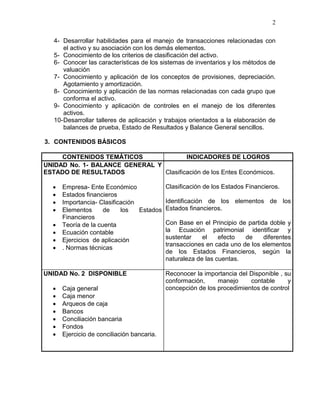 2
4- Desarrollar habilidades para el manejo de transacciones relacionadas con
el activo y su asociación con los demás elementos.
5- Conocimiento de los criterios de clasificación del activo.
6- Conocer las características de los sistemas de inventarios y los métodos de
valuación
7- Conocimiento y aplicación de los conceptos de provisiones, depreciación.
Agotamiento y amortización.
8- Conocimiento y aplicación de las normas relacionadas con cada grupo que
conforma el activo.
9- Conocimiento y aplicación de controles en el manejo de los diferentes
activos.
10-Desarrollar talleres de aplicación y trabajos orientados a la elaboración de
balances de prueba, Estado de Resultados y Balance General sencillos.
3. CONTENIDOS BÁSICOS
CONTENIDOS TEMÁTICOS INDICADORES DE LOGROS
UNIDAD No. 1- BALANCE GENERAL Y
ESTADO DE RESULTADOS
 Empresa- Ente Económico
 Estados financieros
 Importancia- Clasificación
 Elementos de los Estados
Financieros
 Teoría de la cuenta
 Ecuación contable
 Ejercicios de aplicación
 . Normas técnicas
Clasificación de los Entes Económicos.
Clasificación de los Estados Financieros.
Identificación de los elementos de los
Estados financieros.
Con Base en el Principio de partida doble y
la Ecuación patrimonial identificar y
sustentar el efecto de diferentes
transacciones en cada uno de los elementos
de los Estados Financieros, según la
naturaleza de las cuentas.
UNIDAD No. 2 DISPONIBLE
 Caja general
 Caja menor
 Arqueos de caja
 Bancos
 Conciliación bancaria
 Fondos
 Ejercicio de conciliación bancaria.
Reconocer la importancia del Disponible , su
conformación, manejo contable y
concepción de los procedimientos de control
 