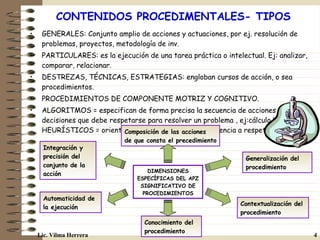 CONTENIDOS PROCEDIMENTALES- TIPOS <ul><li>GENERALES: Conjunto amplio de acciones y actuaciones, por ej. resolución de prob...