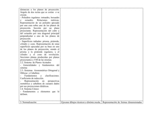 distancias a los planos de proyección.
Ángulo de dos rectas que se cortan o se
cruzan.
- Poliedros regulares: tetraedro, hexaedro
y octaedro. Relaciones métricas.
Representación de un poliedro apoyado
por una cara sobre uno de los planos de
proyección. Sección por un plano
proyectante. Representación del cubo y
del octaedro por una diagonal principal
perpendicular a uno de los planos de
proyección.
- Superficies radiadas: prisma, pirámide,
cilindro y cono. Representación de estas
superficies apoyadas por su base en uno
de los planos de proyección, siendo el
prisma y la pirámide regulares, y el
cilindro y el cono de revolución.
Secciones planas producidas por planos
proyectantes y VM de las mismas.
2.2. Sistema de Planos Acotados
- Generalidades y fundamentos del
sistema
2.3. Sistemas Axonométrico Ortogonal y
Oblicuo o Caballera
- Fundamentos y clasificaciones.
Coeficiente de reducción.
- Representación en perspectivas
isométrica y caballera de cuerpos dados
por sus proyecciones diédricas.
2.4. Sistema Cónico
- Fundamentos y elementos que lo
definen.
3. Normalización: Ejecutar dibujos técnicos a distinta escala, Representación de formas dimensionadas
 