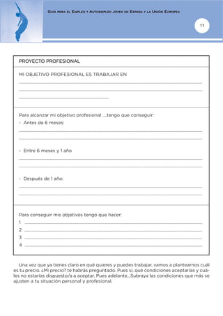 GUÍA    PARA EL       EMPLEO       Y   AUTOEMPLEO          JÓVEN EN       ESPAÑA       Y LA    UNIÓN EUROPEA


                                                                                                                                                                      11




  PROYECTO PROFESIONAL

  MI OBJETIVO PROFESIONAL ES TRABAJAR EN
  .......................................................................................................................................................................
  .......................................................................................................................................................................
  ..................................................................................



  Para alcanzar mi objetivo profesional ....tengo que conseguir:
  - Antes de 6 meses:
  .......................................................................................................................................................................
  .......................................................................................................................................................................

  - Entre 6 meses y 1 año
  .......................................................................................................................................................................
  .......................................................................................................................................................................

  - Después de 1 año:
  .......................................................................................................................................................................
  .......................................................................................................................................................................



  Para conseguir mis objetivos tengo que hacer:
  1 ..................................................................................................................................................................
  2 ..................................................................................................................................................................
  3 ..................................................................................................................................................................
  4 ..................................................................................................................................................................



   Una vez que ya tienes claro en qué quieres y puedes trabajar, vamos a plantearnos cuál
es tu precio. ¿Mi precio? te habrás preguntado. Pues sí, qué condiciones aceptarías y cuá-
les no estarías dispuesto/a a aceptar. Pues adelante...Subraya las condiciones que más se
ajusten a tu situación personal y profesional.
 