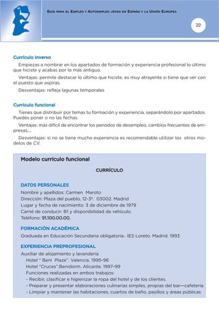 GUÍA   PARA EL   EMPLEO   Y   AUTOEMPLEO   JÓVEN EN   ESPAÑA   Y LA   UNIÓN EUROPEA


                                                                                                     22




Currículo inverso
  Empiezas a nombrar en los apartados de formación y experiencia profesional lo último
que hiciste y acabas por lo más antiguo.
   Ventajas: permite destacar lo último que hiciste, es muy atrayente si tiene que ver con
el puesto que aspiras.
  Desventajas: refleja lagunas temporales


Currículo funcional
  Tienes que distribuir por temas tu formación y experiencia, separándolo por apartados.
Puedes poner o no las fechas.
  Ventajas: más difícil de encontrar los periodos de desempleo, cambios frecuentes de em-
presas,...
  Desventajas: si no se tiene mucha experiencia es recomendable utilizar los otros mo-
delos de CV.


   Modelo currículo funcional

                                                CURRÍCULO


   DATOS PERSONALES
   Nombre y apellidos: Carmen Maroto
   Dirección: Plaza del pueblo, 12-3º. 03002. Madrid
   Lugar y fecha de nacimiento: 3 de diciembre de 1979
   Carné de conducir: B1 y disponibilidad de vehículo.
   Teléfono: 91.100.00.00.

   FORMACIÓN ACADÉMICA
   Graduada en Educación Secundaria obligatoria.. IES Loreto. Madrid. 1993

   EXPERIENCIA PREPROFESIONAL
   Auxiliar de alojamiento y lavandería
     Hotel “ Beni Plaze”. Valencia. 1995-96
     Hotel “Cruces”.Benidorm. Alicante. 1997-99
     Funciones realizadas en ambos trabajos:
     - Recibir, clasificar e higienizar la ropa del hotel y de los clientes.
     - Preparar y presentar elaboraciones culinarias simples, propias del bar—cafetería
     - Limpiar y mantener las habitaciones, cuartos de baño, pasillos y áreas públicas
 