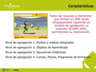 Características Todos los recursos o elementos que forman un ODE serán empaquetados siguiendo un modelo de agregación, el estandar SCORM 2004, permitiendo su reutilización.   Nivel de agregación 1. Medias y medias integrados Nivel de agregación 2. Objetos de Aprendizaje Nivel de agregación 3. Secuencias Didácticas Nivel de agregación 4. Cursos, Planes, Programas de formación 