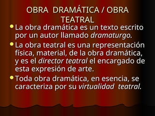 OBRA DRAMÁTICA / OBRA
OBRA DRAMÁTICA / OBRA
TEATRAL
TEATRAL
La obra dramática es un texto escrito
La obra dramática es un texto escrito
por un autor llamado
por un autor llamado dramaturgo.
dramaturgo.
La obra teatral es una representación
La obra teatral es una representación
física, material, de la obra dramática,
física, material, de la obra dramática,
y es el
y es el director teatral
director teatral el encargado de
el encargado de
esta expresión de arte.
esta expresión de arte.
Toda obra dramática, en esencia, se
Toda obra dramática, en esencia, se
caracteriza por su
caracteriza por su virtualidad teatral.
virtualidad teatral.
 