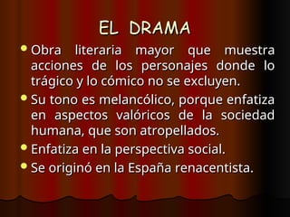 EL DRAMA
EL DRAMA
Obra literaria mayor que muestra
Obra literaria mayor que muestra
acciones de los personajes donde lo
acciones de los personajes donde lo
trágico y lo cómico no se excluyen.
trágico y lo cómico no se excluyen.
Su tono es melancólico, porque enfatiza
Su tono es melancólico, porque enfatiza
en aspectos valóricos de la sociedad
en aspectos valóricos de la sociedad
humana, que son atropellados.
humana, que son atropellados.
Enfatiza en la perspectiva social.
Enfatiza en la perspectiva social.
Se originó en la España renacentista.
Se originó en la España renacentista.
 