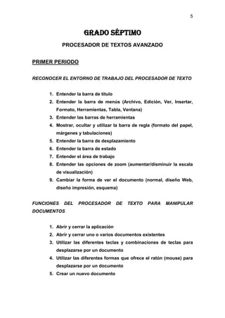 5


                     GRADO SÉPTIMO
            PROCESADOR DE TEXTOS AVANZADO


PRIMER PERIODO


RECONOCER EL ENTORNO DE TRABAJO DEL PROCESADOR DE TEXTO


     1. Entender la barra de título
     2. Entender la barra de menús (Archivo, Edición, Ver, Insertar,
        Formato, Herramientas, Tabla, Ventana)
     3. Entender las barras de herramientas
     4. Mostrar, ocultar y utilizar la barra de regla (formato del papel,
        márgenes y tabulaciones)
     5. Entender la barra de desplazamiento
     6. Entender la barra de estado
     7. Entender el área de trabajo
     8. Entender las opciones de zoom (aumentar/disminuir la escala
        de visualización)
     9. Cambiar la forma de ver el documento (normal, diseño Web,
        diseño impresión, esquema)


FUNCIONES   DEL   PROCESADOR           DE   TEXTO   PARA    MANIPULAR
DOCUMENTOS


     1. Abrir y cerrar la aplicación
     2. Abrir y cerrar uno o varios documentos existentes
     3. Utilizar las diferentes teclas y combinaciones de teclas para
        desplazarse por un documento
     4. Utilizar las diferentes formas que ofrece el ratón (mouse) para
        desplazarse por un documento
     5. Crear un nuevo documento
 