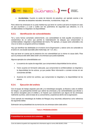 •     Accidentales: Cuando no existe tal intención de perjudicar, por ejemplo averías o las
              derivadas de desastres naturales: terremotos, inundaciones, fuego, etc.

Para valorar las amenazas en su justa medida hay que tener en cuenta cual sería el impacto en caso
de que ocurrieran y a cual o cuáles son los parámetros de seguridad que afectaría, si a la
confidencialidad, la integridad o la disponibilidad.


8.2.3.          Identificación de vulnerabilidades

Tal y como hemos comentado anteriormente, una vulnerabilidad es toda aquella circunstancia o
característica de un activo que permite la materialización de ataques que comprometen la
confidencialidad, integridad o disponibilidad del mismo. Por ejemplo, un equipo será vulnerable a los
virus si no tiene un programa antivirus instalado.

Hay que identificar las debilidades en el entorno de la Organización y valorar cómo de vulnerable es
el activo en una escala razonable (alto-medio-bajo, de 1 a 5, etc.).

Hay que tener en cuenta que la presencia de una vulnerabilidad por si misma no causa daño. Para
que se produzca este daño debe existir una amenaza que pueda explotarla.

Algunos ejemplos de vulnerabilidades son:

    •       La ausencia de copias de seguridad, que compromete la disponibilidad de los activos.

    •       Tener usuarios sin formación adecuada, que compromete la confidencialidad, la integridad y
            la disponibilidad de los activos, ya que pueden filtrar información o cometer errores sin ser
            conscientes del fallo.

    •       Ausencia de control de cambios, que compromete la integridad y la disponibilidad de los
            activos.


8.2.4.          Ejecución del análisis

Con el equipo de trabajo asignado para ello y la metodología escogida, se llevará a cabo el análisis
de riesgos. Los participantes tendrán que valorar las amenazas y las vulnerabilidades que afectan a
los activos escogidos para el análisis y el impacto que ocasionaría que alguna de las amenazas
realmente ocurriera, sobre la base de su conocimiento y experiencia dentro de la organización.

Como ejemplo de metodología de Análisis de Riesgos (muy resumida) utilizaremos como referencia
las siguientes tablas:

Estimación de la probabilidad de ocurrencia de una amenaza sobre cada activo:


                                          Tabla 4. PROBABILIDADES



Probabilidad de ocurrencia de la amenaza                   Guía



Curso de sistema de gestión de la seguridad de la información según la norma UNE-ISO/IEC 27000         56
 