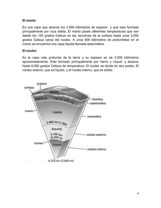 El manto

Es una capa que alcanza los 2.900 kilómetros de espesor y qué esta formada
principalmente por roca sólida. El manto posee diferentes temperaturas que van
desde los 100 grados Celsius en las cercanías de la corteza hasta unos 3.000
grados Celsius cerca del núcleo. A unos 600 kilómetros de profundidad en el
manto se encuentra una capa líquida llamada astenósfera.

El núcleo

Es la capa más profunda de la tierra y su espesor es de 3.500 kilómetros
aproximadamente. Esta formado principalmente por hierro y níquel, y alcanza
hasta 6.000 grados Celsius de temperatura. El núcleo se divide en dos partes: El
núcleo externo, que es líquido, y el núcleo interno, que es sólido.




                                                                              4
 