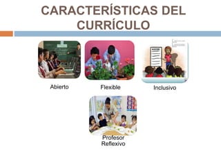 CARACTERÍSTICAS DEL
CURRÍCULO
Abierto Flexible Inclusivo
Profesor
Reflexivo
 