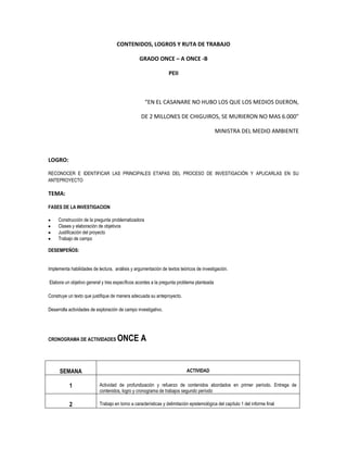 CONTENIDOS, LOGROS Y RUTA DE TRABAJO
GRADO ONCE – A ONCE -B
PEII
“EN EL CASANARE NO HUBO LOS QUE LOS MEDIOS DIJERON,
DE 2 MILLONES DE CHIGUIROS, SE MURIERON NO MAS 6.000”
MINISTRA DEL MEDIO AMBIENTE
LOGRO:
RECONOCER E IDENTIFICAR LAS PRINCIPALES ETAPAS DEL PROCESO DE INVESTIGACIÓN Y APLICARLAS EN SU
ANTEPROYECTO
TEMA:
FASES DE LA INVESTIGACION
Construcción de la pregunta problematizadora
Clases y elaboración de objetivos
Justificación del proyecto
Trabajo de campo
DESEMPEÑOS:
Implementa habilidades de lectura, análisis y argumentación de textos teóricos de investigación.
Elabora un objetivo general y tres específicos acordes a la pregunta problema planteada
Construye un texto que justifique de manera adecuada su anteproyecto.
Desarrolla actividades de exploración de campo investigativo.
CRONOGRAMA DE ACTIVIDADES ONCE A
SEMANA ACTIVIDAD
1 Actividad de profundización y refuerzo de contenidos abordados en primer período. Entrega de
contenidos, logro y cronograma de trabajos segundo período
2 Trabajo en torno a características y delimitación epistemológica del capítulo 1 del informe final
 