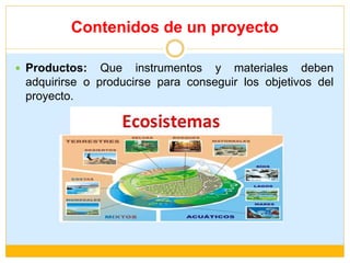 Contenidos de un proyecto
 Productos: Que instrumentos y materiales deben
adquirirse o producirse para conseguir los objetivos del
proyecto.
 