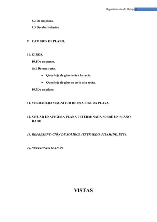 Departamento de Dibujo14


  8.2 De un plano.

  8.3 Desabatimientos.



9. CAMBIOS DE PLANO.



10. GIROS.

  10.1De un punto.

  10.2 De una recta.

         •   Que el eje de giro corte a la recta.

         •   Que el eje de giro no corte a la recta.

  10.3De un plano.



11. VERDADERA MAGNITUD DE UNA FIGURA PLANA.



12. SITUAR UNA FIGURA PLANA DETERMINADA SOBRE UN PLANO
    DADO.



13. REPRESENTACIÓN DE SOLIDOS. (TETRAEDO, PIRAMIDE, ETC).



14. SECCIONES PLANAS.




                                   VISTAS
 