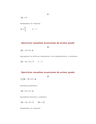 1



Despejamos la incógnita:




 E j e r c i c i o s r e su e l t o s e c u a c i on e s d e p r im e r g r a d o

                                        2



Agrupamos los términos semejantes y los independientes, y sumamos:




 E j e r c i c i o s r e su e l t o s e c u a c i on e s d e p r im e r g r a d o

                                        3



Quitamos paréntesis:




Agrupamos términos y sumamos:




Despejamos la incógnita:
 