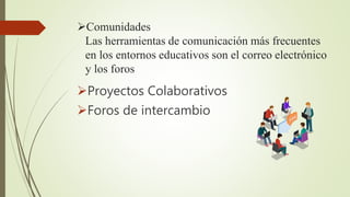 Comunidades
Las herramientas de comunicación más frecuentes
en los entornos educativos son el correo electrónico
y los foros
Proyectos Colaborativos
Foros de intercambio