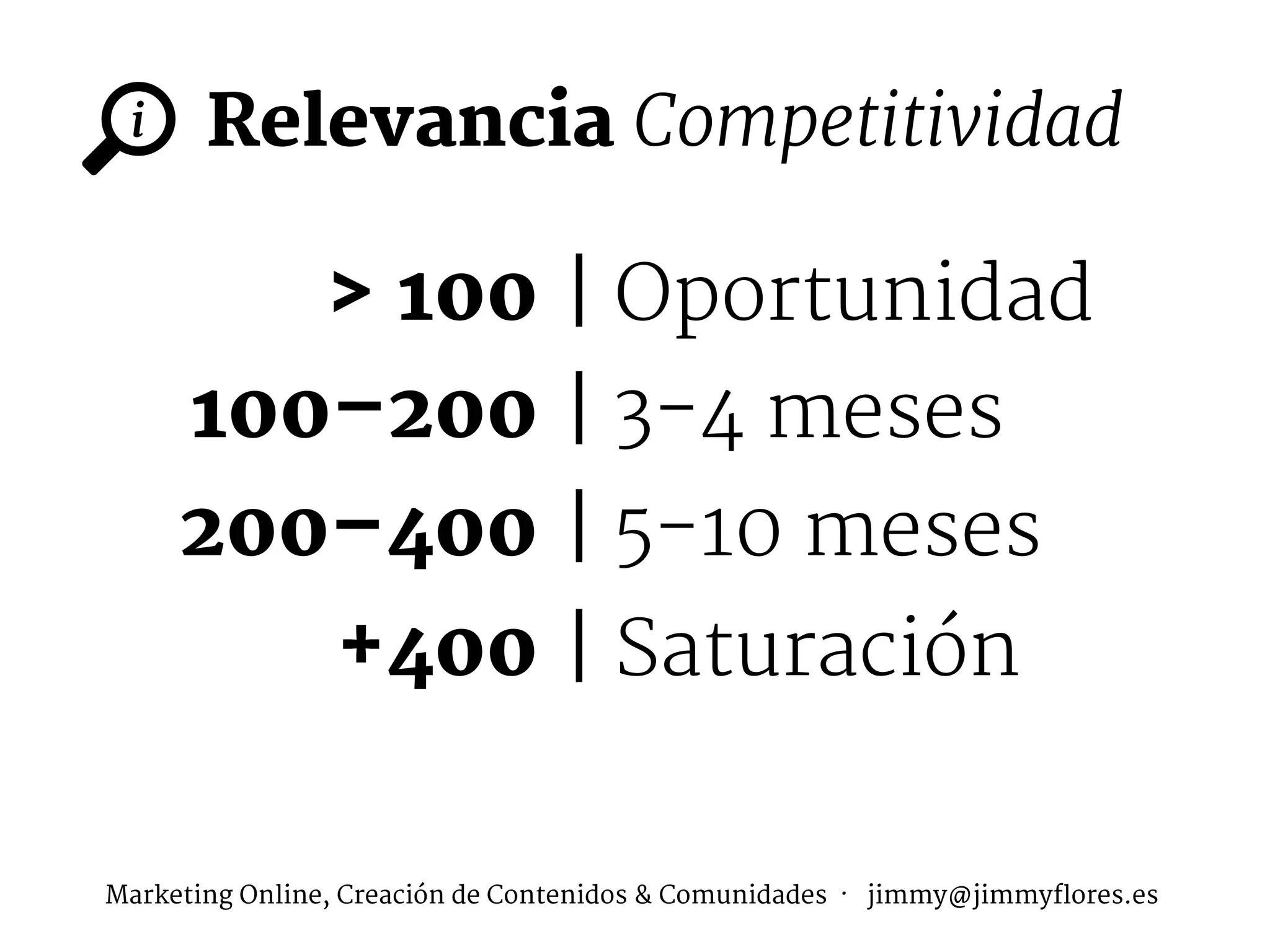 > 100
100–200
200–400
+400
i Relevancia Competitividad
| Oportunidad
| 3-4 meses
| 5-10 meses
| Saturación
Marketing Online, Creación de Contenidos & Comunidades · jimmy@jimmyflores.es
 
