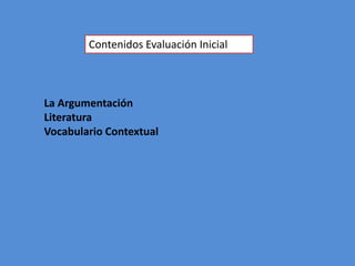 Contenidos Evaluación Inicial



La Argumentación
Literatura
Vocabulario Contextual
 
