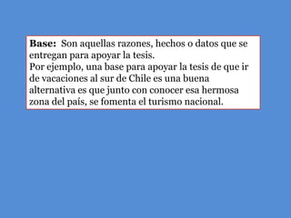 Base: Son aquellas razones, hechos o datos que se
entregan para apoyar la tesis.
Por ejemplo, una base para apoyar la tesis de que ir
de vacaciones al sur de Chile es una buena
alternativa es que junto con conocer esa hermosa
zona del país, se fomenta el turismo nacional.
 