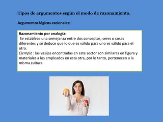 Tipos de argumentos según el modo de razonamiento.

Argumentos lógicos-racionales:

Razonamiento por analogía:
Se establece una semejanza entre dos conceptos, seres o cosas
diferentes y se deduce que lo que es válido para uno es válido para el
otro.
Ejemplo : las vasijas encontradas en este sector son similares en figura y
materiales a los empleados en esta otra, por lo tanto, pertenecen a la
misma cultura.
 