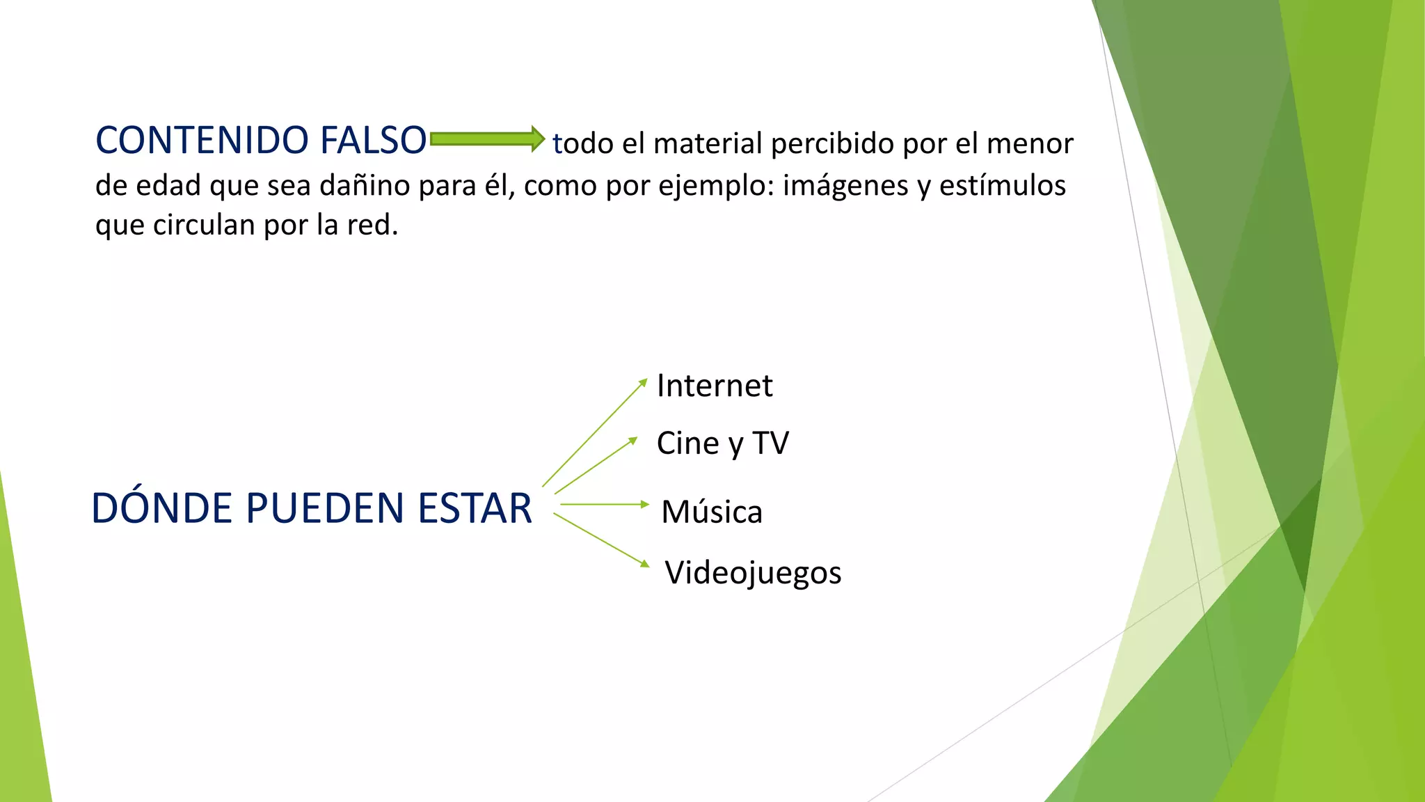 CONTENIDO FALSO todo el material percibido por el menor
de edad que sea dañino para él, como por ejemplo: imágenes y estímulos
que circulan por la red.
Internet
Cine y TV
DÓNDE PUEDEN ESTAR Música
Videojuegos
