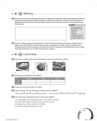 25
Writing
A What were the results of the 2006 study made by the U.S. Department of Agriculture? What was the study about? What was
reported by the Journal American Medical Association in 2004? Has that information changed? Using these questions as a
beginning, check the information about those studies and explain them to your class using one or more graphs that show
the information.
B Search for information about the HAES programs at: http://www.haescommunity.org.Then make a similar program to
apply in your school.With the information you get, prepare a presentation as a group. Present this program to your
Principal, authorities and all the people in your school. Use all kind of resources you want (illustrations, pictures, images,
Power Point presentations, etc.) in order to convince them to apply it.
Listening
A Listen to the conversation.Who orders what? Write the names next to the pictures. Track 8
1. 2. 3.
B Listen again and complete the chart. Track 9
Amalia Inés Tere
Likes
Dislikes
C Compare your answers with those of a partner.
D Listen and repeat. Notice the intonation on the items in the lists. Track 10
I like bananas , apples , oranges ,and pears . I don’t like onions , broccoli , spinach , or eggplant .
E Listen and practice reading these sentences with a partner. Track 11
1. To make spaghetti you need pasta, tomatoes, onions, garlic, and herbs.
2. To make pizza dough you need flour, water, yeast, oil, and salt.
3. I like eggs, bacon, cheese, and fruit for breakfast.
4. She doesn’t like eggs, fish, yogurt, or cream.
Don’t forget! There are
different kinds of graph:
• Line graph
• Pie chat
• Bar Chart
• Comparative chart, etc.
Choose the one that ﬁts
you better and like more!
HEY!
BEY QUIMICA M1.indd 25 24/07/13 15:57
 