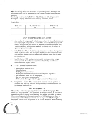78
KWL- This strategy draws from the reader’s background experience of the topic and
provides the reader with the opportunity to reflect on the reading by asking pertinent
questions.
This strategy was developed by Dr. Donna Ogle, Chairperson of the Department of
Reading and Language at National-Louis University, Evans town, Illinois.
 
Chapter Title:
What I Know
(K)
What I Want to Know
(W)
What I Learned
(L)
STEPS IN CREATING THE KWL CHART
•	After reading the first paragraph in the text, and perhaps the first and last sentences
in each paragraph, complete the K-Section (What I Know About the Subject) with
as much information as you can think of. However, you are not restricted to what
you have read. Draw upon your past academic experiences with the subject, or
upon your general knowledge.
•	In the W-Section (What I Want to Know), write purpose questions. Your questions
should be phrased so that after reading the chapter, you can actually answer them
with substance, not just with a yes or a no. These questions can be used for study
purposes later on.
•	Read the chapter. While reading, you may want to annotate your text using a
similar system to the one below, designed by Robert Hladky, when he was a
freshman business major at Marist.
•	 A Quick and Easy Annotation System
•	 Underline the important facts.
•	 Circle the thesis.
•	 Highlight important sentences.
•	 Highlight facts with different colors, based on degree of importance.
•	 Circle numbers so that they are more visible.
•	 Put stars next to important paragraphs. **********
•	 Write notes in the margin that will help you remember what you read.
•	Complete the L-Section (What I Learned). Try to answer as many questions as
you posed. You may want to include the page numbers of the answers for an easy
reference tool when studying.
THE BASIC Q SYSTEM
When reading a textbook chapter, pay attention to the individual paragraphs. After
reading each paragraph, write a basic question in the margin of the text. Be sure to write
a question that you will need to know the answer to in order to understand the reading.
After writing the question in the margin, underline or highlight the answer. If you are
ambitious, you can transfer the questions to your reading notebook by dividing the
notepaper in half and listing the questions on the left side of the sheet. After completing
BEY QUIMICA APPENDIX.indd 78 24/07/13 15:58
 