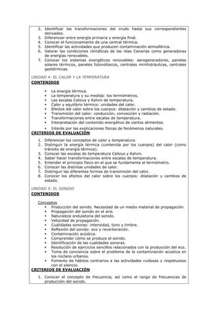 2. Identificar las transformaciones del crudo hasta sus correspondientes
derivados.
3. Diferenciar entre energía primaria y energía final.
4. Conocer el funcionamiento de una central térmica.
5. Identificar las actividades que producen contaminación atmosférica.
6. Valorar las condiciones climáticas de las islas Canarias como generadoras
de energías renovables.
7. Conocer los sistemas energéticos renovables: aerogeneradores, paneles
solares térmicos, paneles fotovoltaicos, centrales minihidráulicas, centrales
geotérmicas.
UNIDAD 4: EL CALOR Y LA TEMPERATURA
CONTENIDOS
 La energía térmica.
 La temperatura y su medida: los termómetros.
 Las escalas Celsius y Kelvin de temperatura.
 Calor y equilibrio térmico: unidades del calor.
 Efectos del calor sobre los cuerpos: dilatación y cambios de estado.
 Transmisión del calor: conducción, convección y radiación.
 Transformaciones entre escalas de temperatura.
 Interpretación del contenido energético de ciertos alimentos.
 Interés por las explicaciones físicas de fenómenos naturales.
CRITERIOS DE EVALUACIÓN
1. Diferenciar los conceptos de calor y temperatura.
2. Distinguir la energía térmica (contenida por los cuerpos) del calor (como
tránsito de energía térmica).
3. Conocer las escalas de temperatura Celsius y Kelvin.
4. Saber hacer transformaciones entre escalas de temperatura.
5. Entender el principio físico en el que se fundamenta el termómetro.
6. Conocer las distintas unidades de calor.
7. Distinguir las diferentes formas de transmisión del calor.
8. Conocer los efectos del calor sobre los cuerpos: dilatación y cambios de
estado.
UNIDAD 5: EL SONIDO
CONTENIDOS
Conceptos
 Producción del sonido. Necesidad de un medio material de propagación.
 Propagación del sonido en el aire.
 Naturaleza ondulatoria del sonido.
 Velocidad de propagación.
 Cualidades sonoras: intensidad, tono y timbre.
 Reflexión del sonido: eco y reverberación.
 Contaminación acústica.
 Comprender cómo se produce el sonido.
 Identificación de las cualidades sonoras.
 Resolución de ejercicios sencillos relacionados con la producción del eco.
 Toma de conciencia sobre el problema de la contaminación acústica en
los núcleos urbanos.
 Fomento de hábitos contrarios a las actividades ruidosas y respetuosos
con el silencio.
CRITERIOS DE EVALUACIÓN
1. Conocer el concepto de frecuencia, así como el rango de frecuencias de
producción del sonido.
 