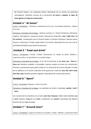 del Present Simple y las respuestas breves. Descripción de un animal. Las partículas
interrogativas. Utilización correcta de la puntuación (el punto y seguido, el signo de
interrogación y el signo de exclamación)
Unidad 4 “ At home”
Léxico / Vocabulario : Elementos y habitaciones de la casa. Actividades domésticas . Objetos
de la casa.
Estructura y funciones de la lengua : Expresar acciones en Present Continuous (afirmativa,
negativa, interrogativa y respuestas breves). Expresiones temporales: now / right now / at
the moment. Comparación entre el Present Simple y el Present Continuous. Expresar planes
futuros e intenciones. El orden sujeto-verbo en la oración. Descripción de una casa y de las
actividades domésticas que realizan las personas.
Unidad 5 “ Food and drink”
Léxico / Vocabulario: Comida y bebida. Sentimientos y/o estados de ánimo. Palabras y
expresiones útiles y la equivalencia en su propia lengua.
Estructuras y funciones de la lengua : El uso de las partículas: a, an, some, any. There is /
there are. Nombres contables e incontables. Expresar estados de ánimo y/o sentimientos.
Fórmulas y convenciones para pedir comida en un restaurante de manera educada. El órden
de los adjetivos en la oración. Expresión de los gustos por medio de: love, like, don’t mind,
don’t like, hate. Nombres plurales irregulares. Descripción del restaurante favorito.
Unidad 6 “ Sport”
Léxico / Vocabulario: Deportes. Verbos de acción.
Estructura y funciones de la lengua: Los adverbios de modo e intensidad: quickly / well /
hard…
Uso correcto de los conectores en un texto: and / but / because. Hablar sobre habilidad: can
/ can’t. Expresar obligación con must y prohibición con mustn’t. Descripción del deporte
favorito y de sus reglas de juego.
Unidad 7 “ Around town”
Léxico / Vocabulario: Lugares de interés de un pueblo o ciudad. Palabras y expresiones útiles
 