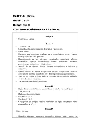 MATERIA: LENGUA
NIVEL: 2 ESO
DURACIÓN: 1h
CONTENIDOS MÍNIMOS DE LA PRUEBA
Bloque I
 Comprensión lectora.
Bloque II
 Tipos de textos.
 Modalidades textuales: narración, descripción y exposición.
 Frases hechas.
 Elementos que intervienen en el acto de la comunicación: emisor, receptor,
mensaje, contexto, canal y código.
 Reconocimiento de las categorías gramaticales: sustantivos, adjetivos
calificativos, adjetivos determinativos, verbos, pronombres, adverbios,
preposiciones, conjunciones e interjecciones.
 Análisis de los distintos tiempos verbales pertenecientes a indicativo y
subjuntivo.
 Reconocimiento del sujeto, complemento directo, complemento indirecto,
complemento agente y los distintos tipos de complementos circunstanciales.
 Paso de una oración activa a pasiva y viceversa, reconociendo en ambas las
distintas funciones sintácticas.
 Vocabulario específico de cada unidad.
Bloque III
 Reglas de acentuación básicas: agudas, llanas, esdrújulas y sobresdrújulas.
 Tilde diacrítica.
 Diptongos, triptongos, hiatos.
 Uso de la B y la V.
 Uso de la G y la J.
 Conjugación de tiempos verbales respetando las reglas ortográficas vistas
durante el curso (g/j….)
Bloque IV
Género literarios:
1. Narrativo (narrador, estructura, personajes, tiempo, lugar, orden). La
 