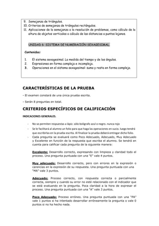 9. Semejanza de triángulos.
10. Criterios de semejanza de triángulos rectángulos.
11. Aplicaciones de la semejanza a la resolución de problemas, como cálculo de la
altura de objetos verticales o cálculo de las distancias a puntos lejanos.
UNIDAD 6: SISTEMA DE NUMERACIÓN SEXAGESIMAL.
Contenidos:
1. El sistema sexagesimal. La medida del tiempo y de los ángulos.
2. Expresiones en forma compleja e incompleja.
3. Operaciones en el sistema sexagesimal: suma y resta en forma compleja.
CARACTERÍSTICAS DE LA PRUEBA
- El examen constará de una única prueba escrita.
- Serán 8 preguntas en total.
CRITERIOS ESPECÍFICOS DE CALIFICACIÓN
INDICACIONES GENERALES.
- No se permiten respuestas a lápiz. sólo bolígrafo azul o negro. nunca rojo
- Se le facilitará al alumno un folio para que haga las operaciones en sucio. luego tendrá
que escribirlas en la prueba escrita. Al finalizar la prueba deberá entregar dicho folio.
- Cada pregunta se evaluará como Poco Adecuado, Adecuado, Muy Adecuado
y Excelente en función de la respuesta que escriba el alumno. Se tendrá en
cuenta para calificar cada pregunta de la siguiente manera:
Excelente: Desarrollo correcto, expresando con limpieza y claridad todo el
proceso. Una pregunta puntuada con una “E” vale 4 puntos.
Muy adecuado: Desarrollo correcto, pero con errores en la expresión o
carencias en la expresión de su respuesta. Una pregunta puntuada con una
“MA” vale 3 puntos.
Adecuado: Proceso correcto, con respuesta correcta o parcialmente
correcta, siempre y cuando su error no esté relacionado con el indicador que
se está evaluando en la pregunta. Poca claridad a la hora de expresar el
proceso. Una pregunta puntuada con una “A” vale 3 puntos.
Poco Adecuado: Proceso erróneo. Una pregunta puntuada con una “PA”
vale 1 puntos si ha intentado desarrollar erróneamente la pregunta o vale 0
puntos si no ha hecho nada.
 