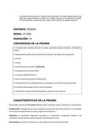 - La prueba escrita tiene un máximo de 40 puntos. Por tanto basta aplicar una
regla de 3 para obtener la nota. En el sobre, adjunto a la solución se puede
ver las distintas correlaciones de notas sobre 10 que se pueden obtener.
MATERIA: MÚSICA
NIVEL: 2º ESO
DURACIÓN: 1h
CONTENIDOS DE LA PRUEBA
1. El sonido como materia prima de la música: parámetros (altura, duración, intensidad y
timbre).
2. Representación gráfica de los parámetros del sonido: intensidad, altura y duración.
3. El ritmo.
a. 4. Tempo.
b. 5. Los instrumentos musicales: clasificación.
c. 6. Las agrupaciones instrumentales.
d. 7. La música tradicional Canaria.
8. Lectura de partituras para la interpretación.
9. Incorporación de un acompañamiento a una melodía, con instrumentos de percusión.
10. Utilización del lenguaje técnico musical apropiado.
11. Audición de músicas de diferentes géneros, estilos, formas y culturas.
CARACTERÍSTICAS DE LA PRUEBA
Esta prueba constará de tres partes diferenciadas; una parte escrita, audiciones y una práctica.
Prueba escrita: 10 preguntas que serán: preguntas de desarrollo, ejercicios (similares a los realizados
en las fichas de repaso hechas en clase), preguntas de relacionar,…
Audiciones: se escucharán fragmentos musicales y se responderá a preguntas similares a las
realizadas en las pruebas de audición llevadas a cabo durante el curso.
Parte práctica consistirá en interpretar un ritmo dado en el momento de la prueba.
 