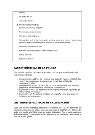 La hora.
Las partes del día.
Actividades diarias.
c) Intenciones comunicativas.
Saludar, presentarse y despedirse.
Nombres de países y ciudades.
Disculparse y dar las gracias.
Comprender, pedir y dar información personal sobre uno mismo y sobre otras
personas: preguntar nombre y edad, dirección y ciudad donde uno vive.
Entender y dar órdenes en clase.
Hablar de actividades de ocio y actividades de la clase.
Pedir y dar la hora.
Describir el día a día.
CARACTERÍSTICAS DE LA PRUEBA
Esta prueba constará de cuatro apartados, con los que se calificará cada
una de las destrezas:
1. Comprensión auditiva: Se realizará una audición (que se repetirá dos
veces) para responder a una serie de preguntas, señalando
verdadero o falso.
2. Comprensión lectora: A partir de un texto se realizará una serie de
preguntas para determinar su nivel de comprensión.
3. Expresión escrita: Se deberá escribir un pequeño texto siguiendo las
indicaciones propuestas.
4. Expresión oral: Se deberá producir un pequeño texto siguiendo las
indicaciones propuestas.
CRITERIOS ESPECÍFICOS DE CALIFICACIÓN
Cada uno de los apartados anteriores se valorará de 1 a 10, debiendo ser
superados cada uno de ellos, con una nota igual o superior a 5, para poder
hallar una media aritmética entre las cuatro destrezas. Por lo tanto, cada uno
de los apartados, correspondientes a cada una de las destrezas, determinará el
25% de la nota global.
 