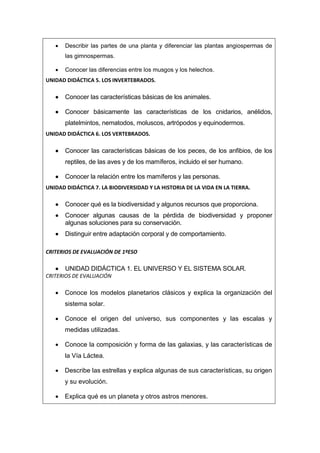  Describir las partes de una planta y diferenciar las plantas angiospermas de
las gimnospermas.
 Conocer las diferencias entre los musgos y los helechos.
UNIDAD DIDÁCTICA 5. LOS INVERTEBRADOS.
 Conocer las características básicas de los animales.
 Conocer básicamente las características de los cnidarios, anélidos,
platelmintos, nematodos, moluscos, artrópodos y equinodermos.
UNIDAD DIDÁCTICA 6. LOS VERTEBRADOS.
 Conocer las características básicas de los peces, de los anfibios, de los
reptiles, de las aves y de los mamíferos, incluido el ser humano.
 Conocer la relación entre los mamíferos y las personas.
UNIDAD DIDÁCTICA 7. LA BIODIVERSIDAD Y LA HISTORIA DE LA VIDA EN LA TIERRA.
 Conocer qué es la biodiversidad y algunos recursos que proporciona.
 Conocer algunas causas de la pérdida de biodiversidad y proponer
algunas soluciones para su conservación.
 Distinguir entre adaptación corporal y de comportamiento.
CRITERIOS DE EVALUACIÓN DE 1ºESO
 UNIDAD DIDÁCTICA 1. EL UNIVERSO Y EL SISTEMA SOLAR.
CRITERIOS DE EVALUACIÓN
 Conoce los modelos planetarios clásicos y explica la organización del
sistema solar.
 Conoce el origen del universo, sus componentes y las escalas y
medidas utilizadas.
 Conoce la composición y forma de las galaxias, y las características de
la Vía Láctea.
 Describe las estrellas y explica algunas de sus características, su origen
y su evolución.
 Explica qué es un planeta y otros astros menores.
 