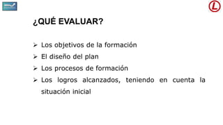 ¿QUÉ EVALUAR?
 Los objetivos de la formación
 El diseño del plan
 Los procesos de formación
 Los logros alcanzados, teniendo en cuenta la
situación inicial
 
